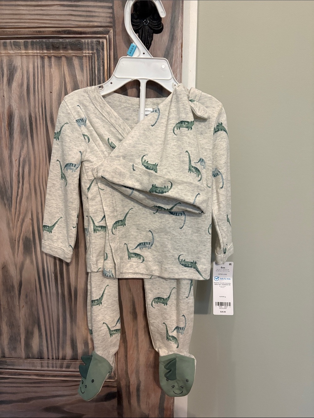 Carters Wrap Pajama Set with Green Dino Print - Light Gray